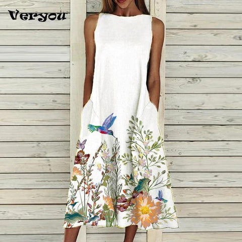 Dress 2021 O Neck Flower Print Summer Dresses For Women Fashion Pocket Sleeveless Dress Female Casual Loose Party Dress - Fab Getup Shop