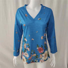 Women's Autumn V-neck Flower Print Long-sleeved Casual T-shirt Plus Size