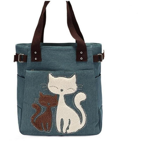 Lovely Cute Cat Canvas Handbag For Girls Ladies Large Capacity Casual Bag Women Portable Solid Zipper Shoulder Bag - Fab Getup Shop