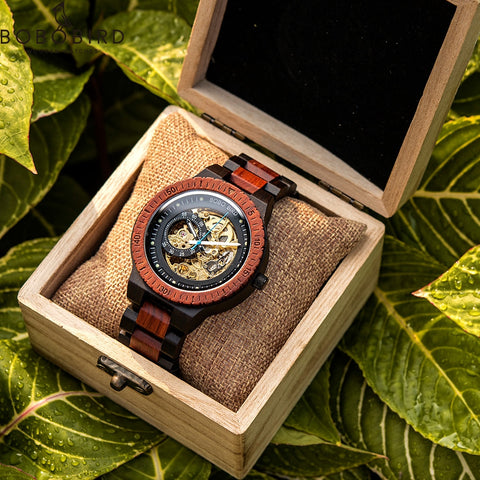 Men's Mechanical Water Resistant Wooden Watch - Customizable Wood Style Wristwatch