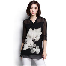 Women chiffon  Blouse large size Casual black Chiffon Floral Print V Neck long Sleeve Elegant shirts women 60C 25 - Fab Getup Shop