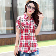 Brand Summer Style Plaid Print Short Sleeve Shirts Women Plus Size Blouses Casual 100% Cotton Tops Blusas 14 Colors - Fab Getup Shop