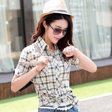Brand Summer Style Plaid Print Short Sleeve Shirts Women Plus Size Blouses Casual 100% Cotton Tops Blusas 14 Colors - Fab Getup Shop