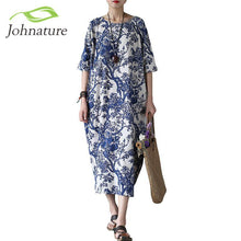 Johnature Cotton Linen Vintage Flower Pint Women Dress Half Sleeve O-neck Washed Plus Size Loose  New Spring Women Robe - Fab Getup Shop