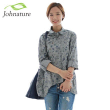 Johnature  New Women Shirt Cotton Linen Button White Blue Floral Turn-down Collar Irregular Plus Size Solid Loose Blouse - Fab Getup Shop