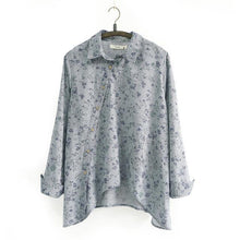 Johnature  New Women Shirt Cotton Linen Button White Blue Floral Turn-down Collar Irregular Plus Size Solid Loose Blouse - Fab Getup Shop