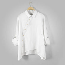 Johnature  New Women Shirt Cotton Linen Button White Blue Floral Turn-down Collar Irregular Plus Size Solid Loose Blouse - Fab Getup Shop