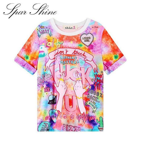 Women'S T Shirts Harajuku Fuck Gradient Soft Doodle Short T-Shirt Tshirt Women Girl Tops Cute Cartoon Unicorn Pegasus - Fab Getup Shop