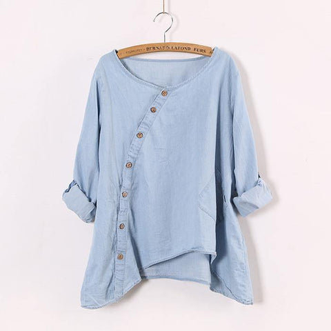 Johnature  New Women Shirt Slant Oblique Button Irregular Plus Size Roll Up Sleeve Wash Blue Pocket Loose Casual Top Blouse - Fab Getup Shop