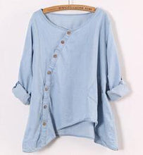 Johnature  New Women Shirt Slant Oblique Button Irregular Plus Size Roll Up Sleeve Wash Blue Pocket Loose Casual Top Blouse - Fab Getup Shop