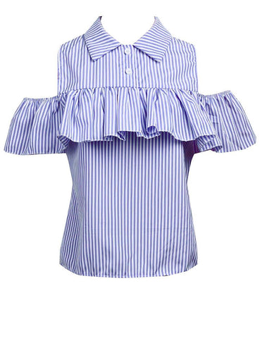 Trendy Summer Women Loose Ruffles Off the Shoulder Plaid Striped Blue Pink Shirts Top Casual Blouses - Fab Getup Shop