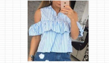 Trendy Summer Women Loose Ruffles Off the Shoulder Plaid Striped Blue Pink Shirts Top Casual Blouses - Fab Getup Shop