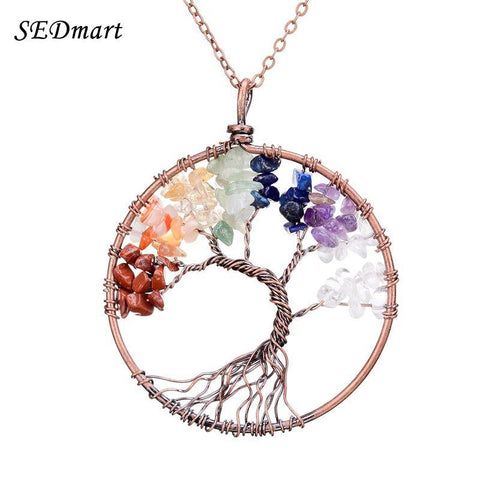 SEDmart 7 Chakra Tree Of Life Pendant Necklace Copper Crystal Natural Stone Necklace Women Christmas Gift - Fab Getup Shop