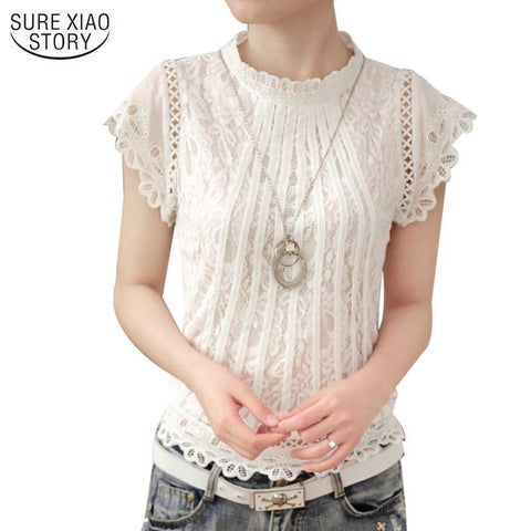 Ladies White Lace Blouse Short Sleeve Stand Collar Women Tops Elegant Patchwork Crochet Women Shirt Plus Size Blusa 01C 20 - Fab Getup Shop