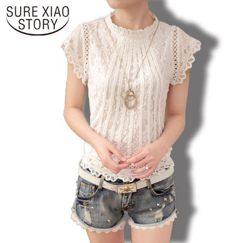 Summer Fashion elegant solid Women Blouses  Petal Sleeve Lace  Chiffon O-neck Plus Size Shirt Tops 01C 35 - Fab Getup Shop