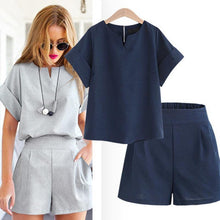 Women Summer Casual Cotton Linen V-neck short sleeve tops + shorts two piece set Female Office Suit Set Women's Costumes - Fab Getup Shop