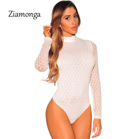 Ziamonga  Bodysuit Jumpsuit Romper Women Black White Hollow Long Sleeve Mesh Bodycon Jumpsuits Stretch - Fab Getup Shop