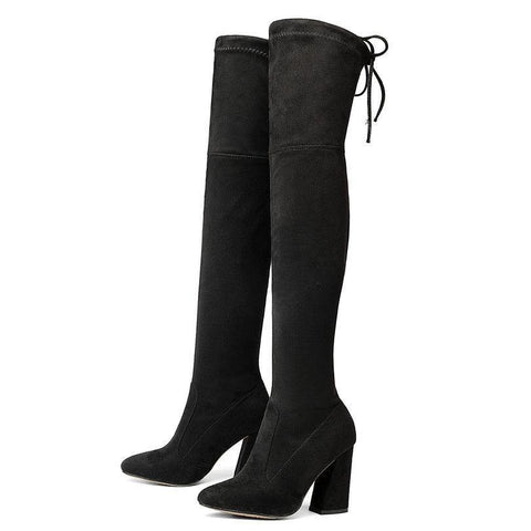 QUTAA  Sucrb Leather  Women Over The Knee Boots  Lace Up Sexy  Hoof  Heels Women Shoes  Soild Winter Warm  Size 34-43 - Fab Getup Shop