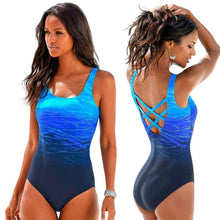 Gradient  Swimsuit Women Vintage Swimwear Criss Cross Back Monokini Blue - Fab Getup Shop