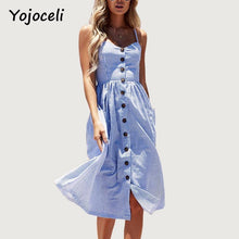 Yojoceli Striped button sexy casual summer strap dress Long boho beach pockets women sundress vestidos Elegant daily dess female - Fab Getup Shop
