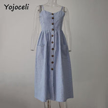 Yojoceli Striped button sexy casual summer strap dress Long boho beach pockets women sundress vestidos Elegant daily dess female - Fab Getup Shop