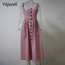 Yojoceli Striped button sexy casual summer strap dress Long boho beach pockets women sundress vestidos Elegant daily dess female - Fab Getup Shop