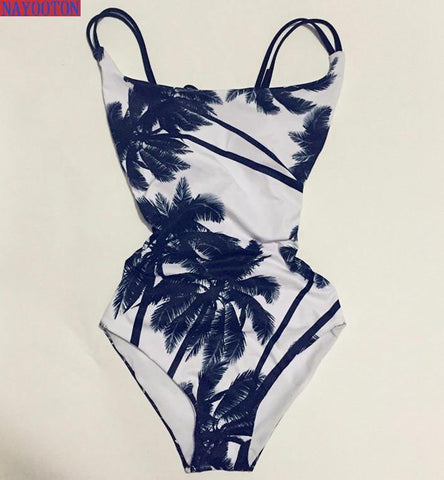 Sexy halter straps women  swimwear Coco palm trees one piece swimsuit Black and white printing women bathing suits D069 - Fab Getup Shop