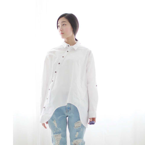 New Women Shirt Cotton Linen Slant Oblique Button White Blue Floral Turn-down Collar Irregular Plus Size Solid Loose Blouse - Fab Getup Shop