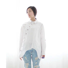 New Women Shirt Cotton Linen Slant Oblique Button White Blue Floral Turn-down Collar Irregular Plus Size Solid Loose Blouse - Fab Getup Shop