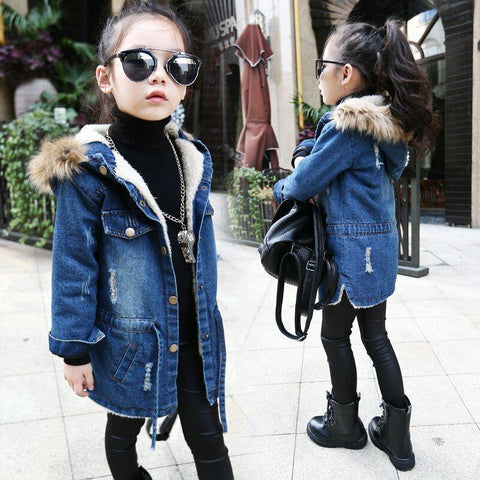 New winter Kids girls denim jacket children plus thick velvet jacket big virgin long warm coat for cold winter - Fab Getup Shop