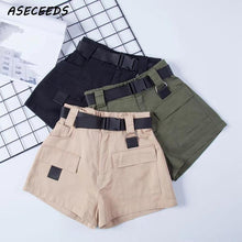 Elastic high waist shorts for women black summer belt shorts vintage sexy cotton biker pocket shorts - Fab Getup Shop