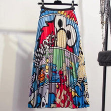 Cartoon Print Pleated Women Long Skirts High Waist A-Line Elastic Blue Pink Skirt  Summer Casual Female Bottoms - Fab Getup Shop